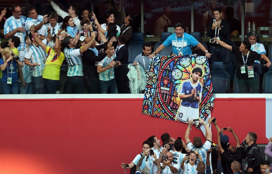 epa06842365 Argentinian soccer legend Diego Maradona before the FIFA World Cup 2018 group D preliminary round soccer match between Nigeria and Argentina in St.Petersburg, Russia, 26 June 2018.

(RES ...