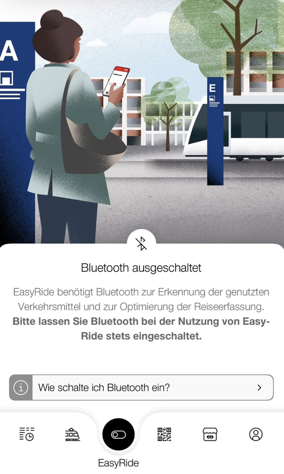 Wer Bluetooth ausgeschaltet hat oder der SBB-App den Zugriff nicht erlaubt, kann die Easyride-Funktion nicht mehr nutzen.
