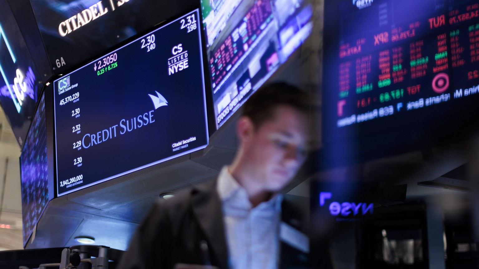 epa10526579 A screen shows information about Credit Suisse stock price on the floor of the New York Stock Exchange in New York, New York, USA, on 16 March 2023. Credit Suisse shares were up on 16 Marc ...
