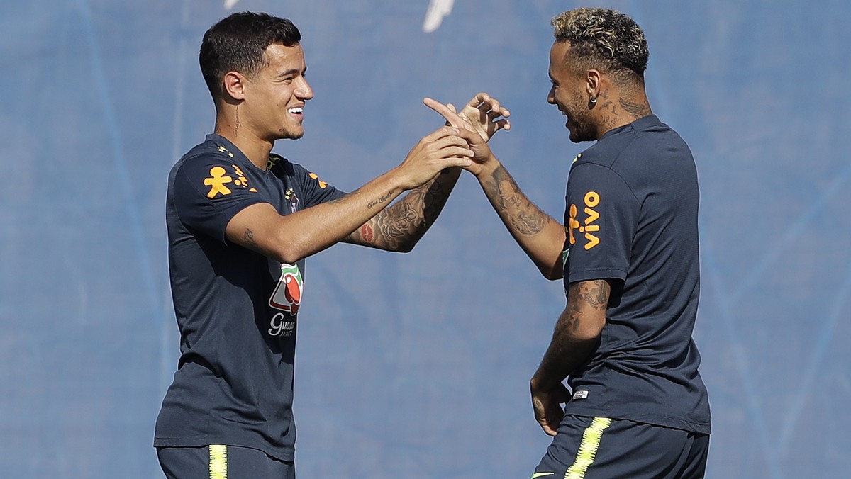 Brazil's Neymar, right, and Philippe Coutinho attend a training session, in Sochi, Russia, Sunday, June 24, 2018. Brazil will face Serbia on June 27 in the group E for the soccer World Cup. (AP P ...