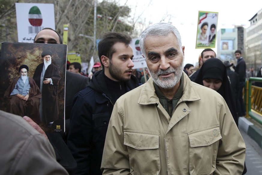 FILE - In this Thursday, Feb. 11, 2016, file photo, Qassem Soleimani, commander of Iran&#039;s Quds Force, attends an annual rally commemorating the anniversary of the 1979 Islamic revolution, in Tehr ...