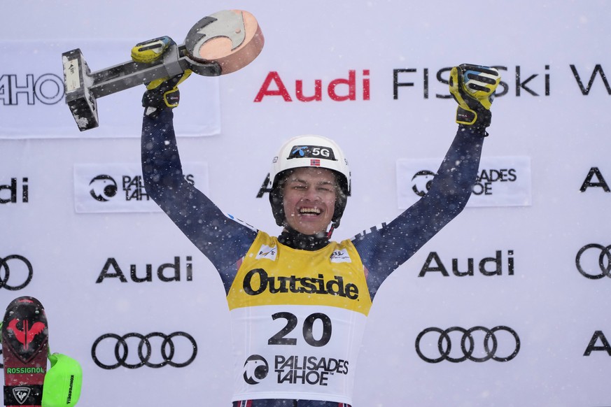Norway&#039;s Alexander Steen Olsen reacts after a men&#039;s World Cup slalom skiing race, Sunday, Feb. 26, 2023, in Olympic Valley, Calif. (AP Photo/John Locher)