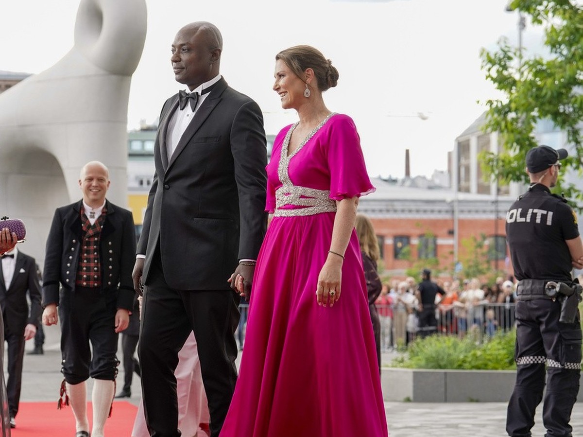 Norway's Princess Martha Louise and her fiance Durek Verrett arrive at the government's party event in connection with Princess Ingrid Alexandra's 18th birthday, which is held at Deichm ...