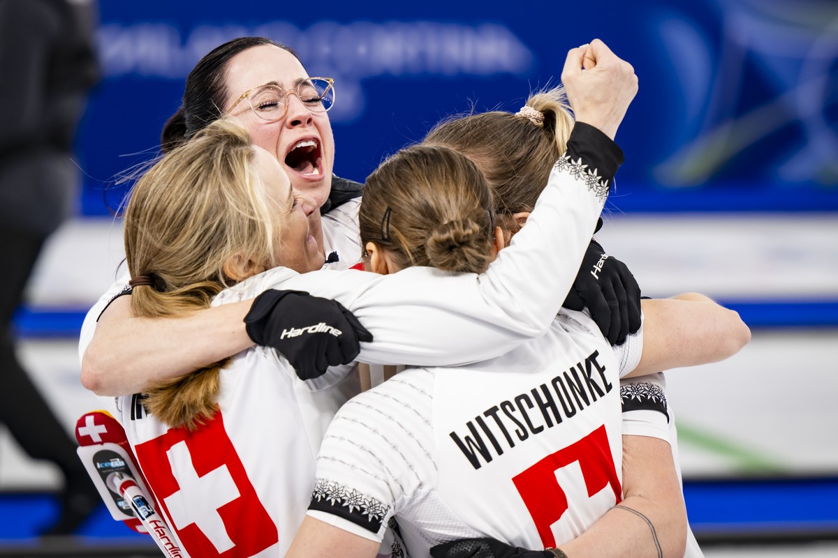 Silvana Tirinzoni, Carole Howald, Alina Paetz and Selina Witschonke of Switzerland, from left to right, celebrate during the women's curling semi-final game between Switzerland and USA at the 202 ...