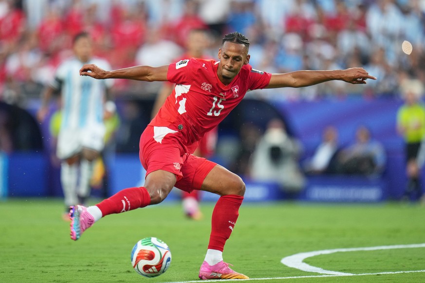 Switzerland's Djibril Sow kicks the ball during the World Cup quarterfinal soccer match against Argentina in Kansas City, Mo., Saturday, July 11, 2026. (AP Photo/Jeff Roberson)
Djibril Sow