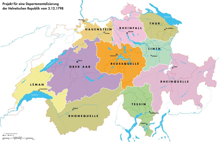 Deutlichen französischen Einfluss zeigt dieses nie umgesetzte Projekt zur Einteilung der Helvetischen Republik in Departemente. Ähnlich wie es bei den französischen Départements üblich ist, sind die K ...