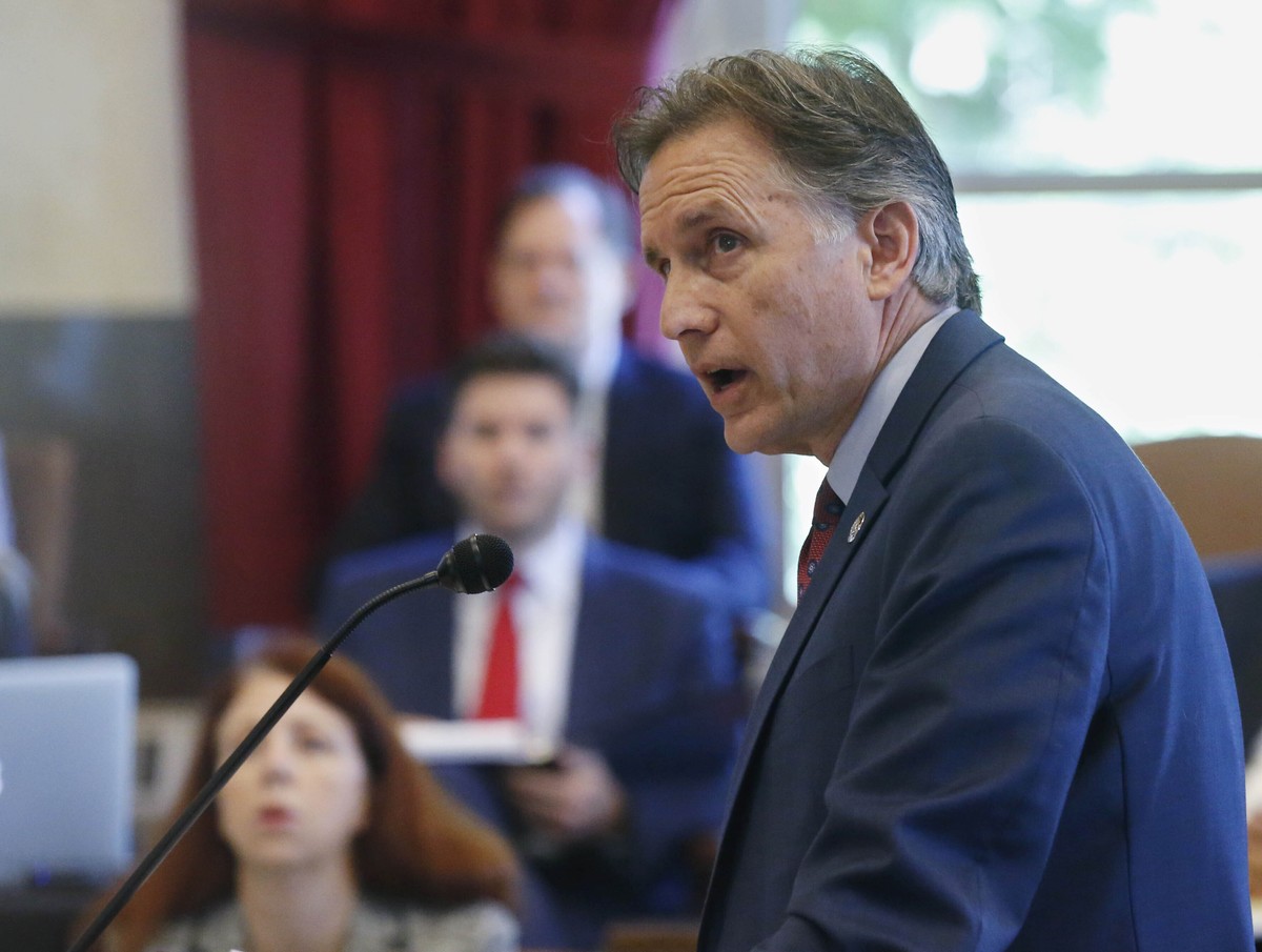 FILE - In this July 15, 2019, file photo, Oklahoma Attorney General Mike Hunter speaks during closing arguments in Oklahoma's ongoing opioid drug lawsuit against Johnson &amp; Johnson, in Norman, ...