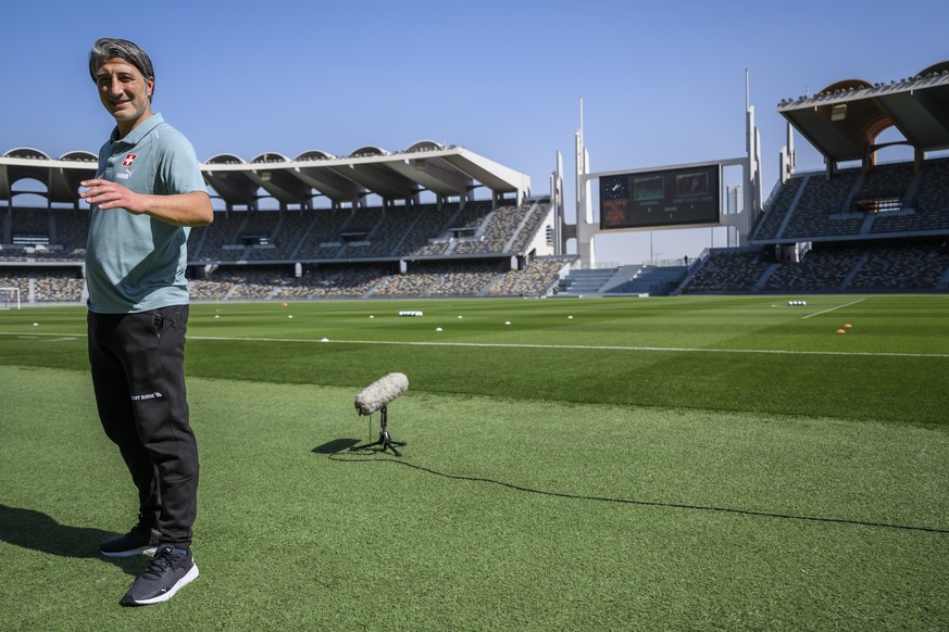 Switzerland&#039;s head coach Murat Yakin reacts before a friendly soccer match between Switzerland and Ghana in preparation for the FIFA World Cup Qatar 2022, at the Sheikh Zayed Sports City Stadium, ...