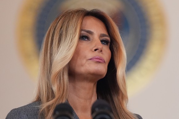 First lady Melania Trump speaks to reporters Thursday, April 9, 2026, in the Grand Foyer of the White House in Washington. (AP Photo/Jacquelyn Martin)
Melania Trump