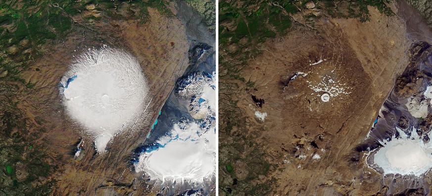 epa07763878 (COMPOSITE) A handout composite photo made available by NASA Earth Observatory of satellite images showing the Okjokull Glacier (also called Ok), West Iceland taken on 07 September 1986 (L ...