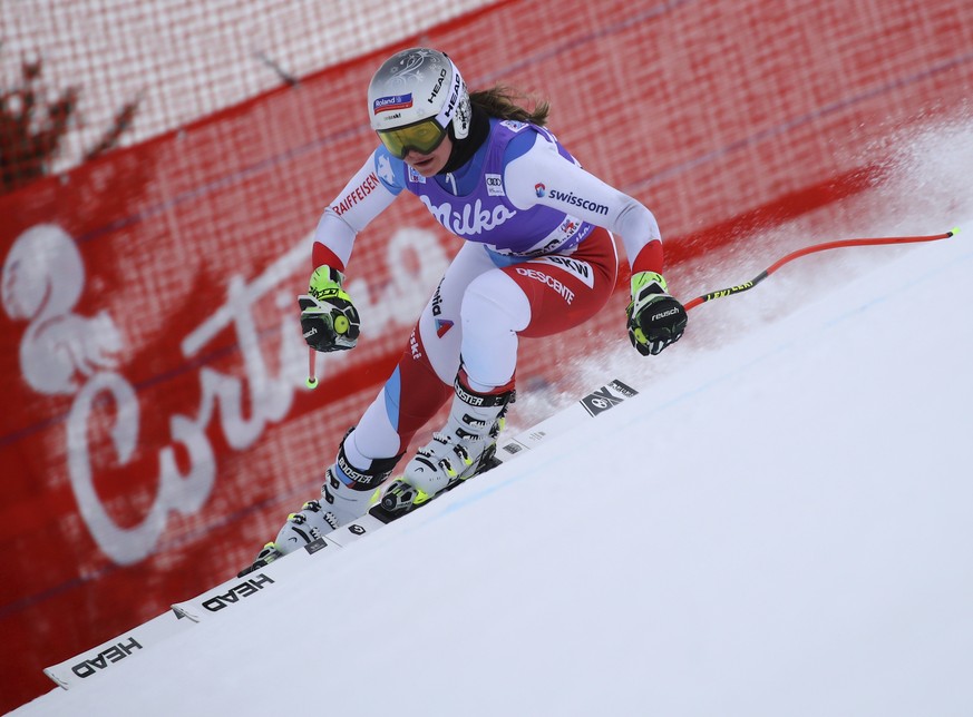 Switzerland&#039;s Corinne Suter speeds down the course during a training session for ski World Cup women&#039;s downhill, in Cortina d&#039;Ampezzo, Italy, Thursday, Jan. 17, 2019. (AP Photo/Marco Tr ...