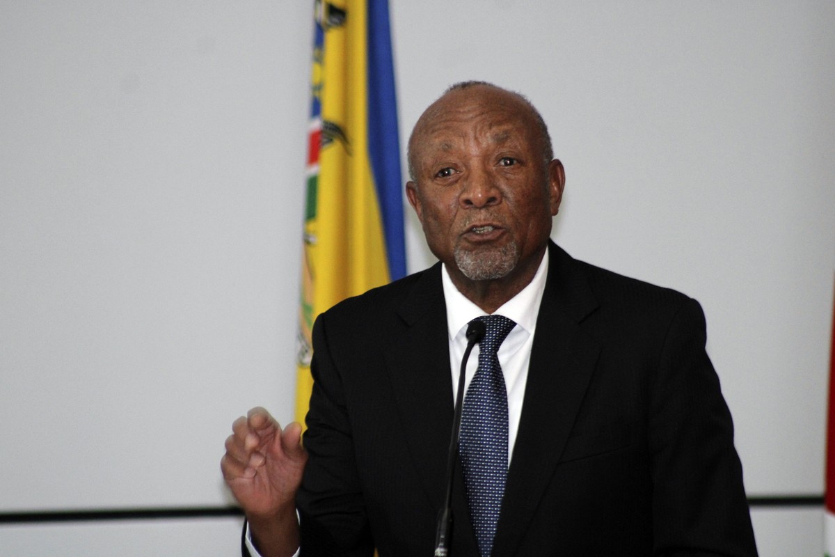 Newly sworn in Namibian acting president Nangolo Mbumba addresses the nation after taking the oath of office in the capital, Windhoek, Sunday, Feb, 4. 2024. Namibia, one of Africa's most stable d ...