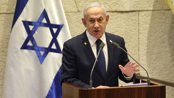 epa12516451 Israel&#039;s Prime Minister Benjamin Netanyahu speaks during a plenary session at the Knesset, the Israeli parliament in Jerusalem, 10 November 2025. The session has been initiated by the ...