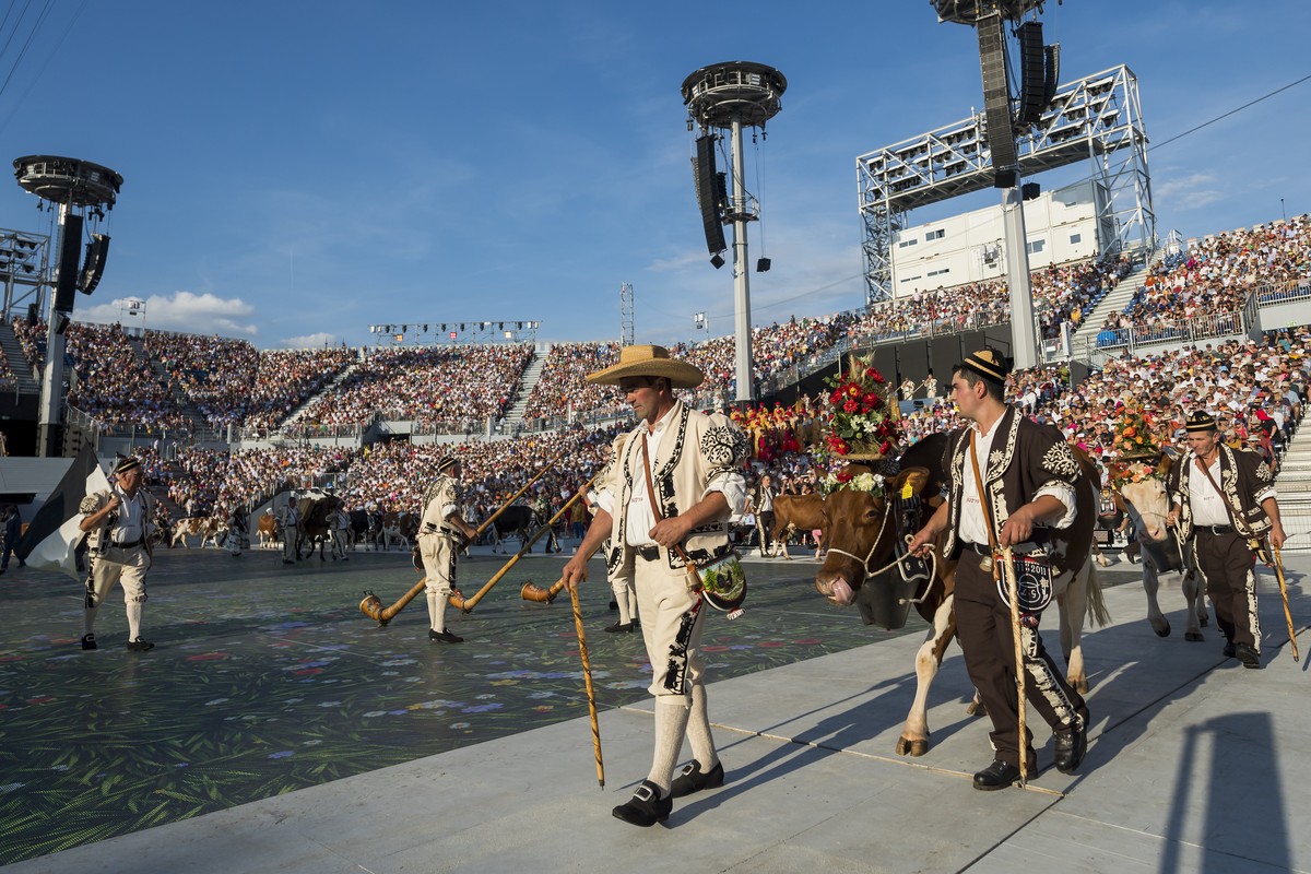 Extras are pictured in the arena of the "Fete des Vignerons" (winegrowers' festival in French), with a capacity of 20'000 spectators and hosting a giant central LED floor of approx ...