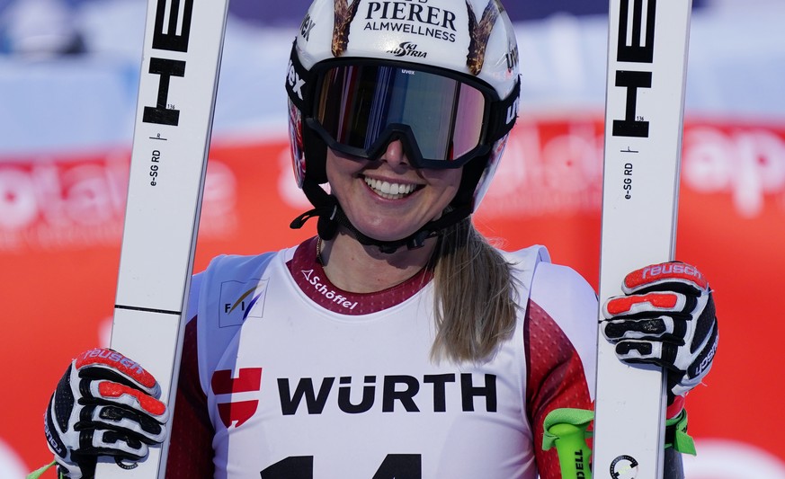 Austria&#039;s Cornelia Huetter reacts after completing an alpine ski, women&#039;s World Cup Super G race in Garmisch-Partenkirchen, Germany, Sunday, Jan. 30, 2022. (AP Photo/Pier Marco Tacca)