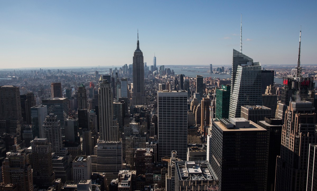 NEW YORK, NY - MARCH 21: The skyline of Manhattan, seen looking southbound from the top of Rockefeller Center, is seen on March 21, 2014 in New York City. After a cold, unusually snowy winter, spring  ...