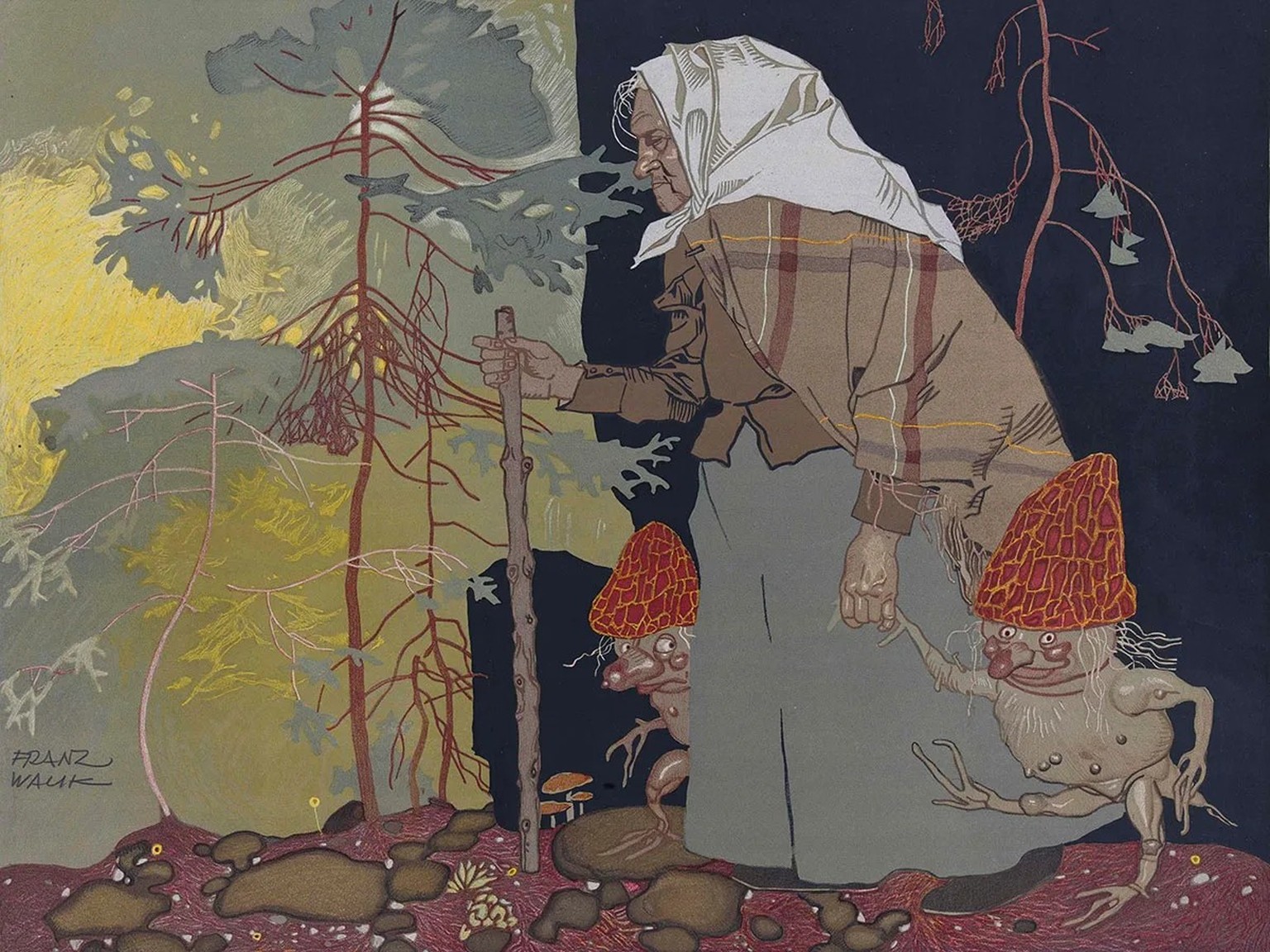 Pilze hatten lange Zeit etwas Unheimliches an sich und wurden oft als Teil der Hexerei gesehen. Illustration von Franz Wacik.
https://de.m.wiktionary.org/wiki/Datei:Franz_Wacik_Hexe_mit_Pilzm%C3%A4nnc ...