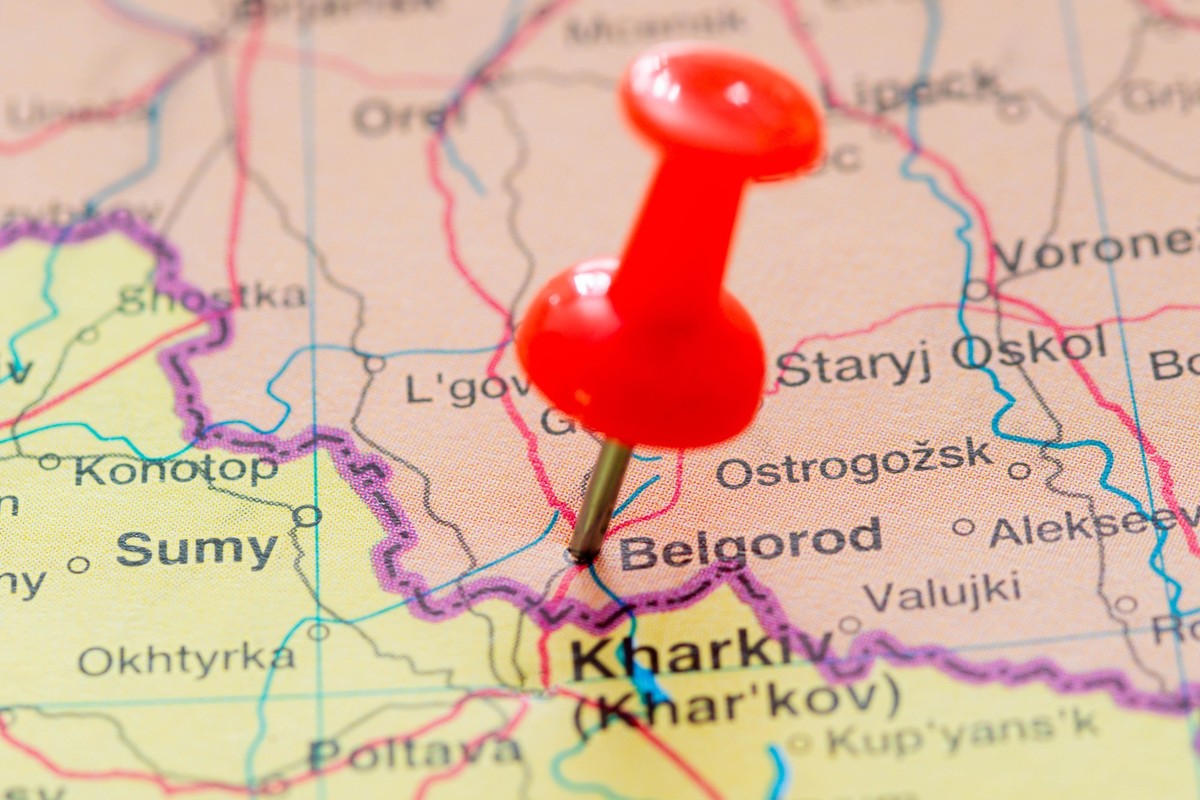 The location of the city of Belgorod pinned on a map of Russia xkwx closeup graphic russia aggressive town marker geopolitical pinned aggression geographic area geographical locations military invasio ...