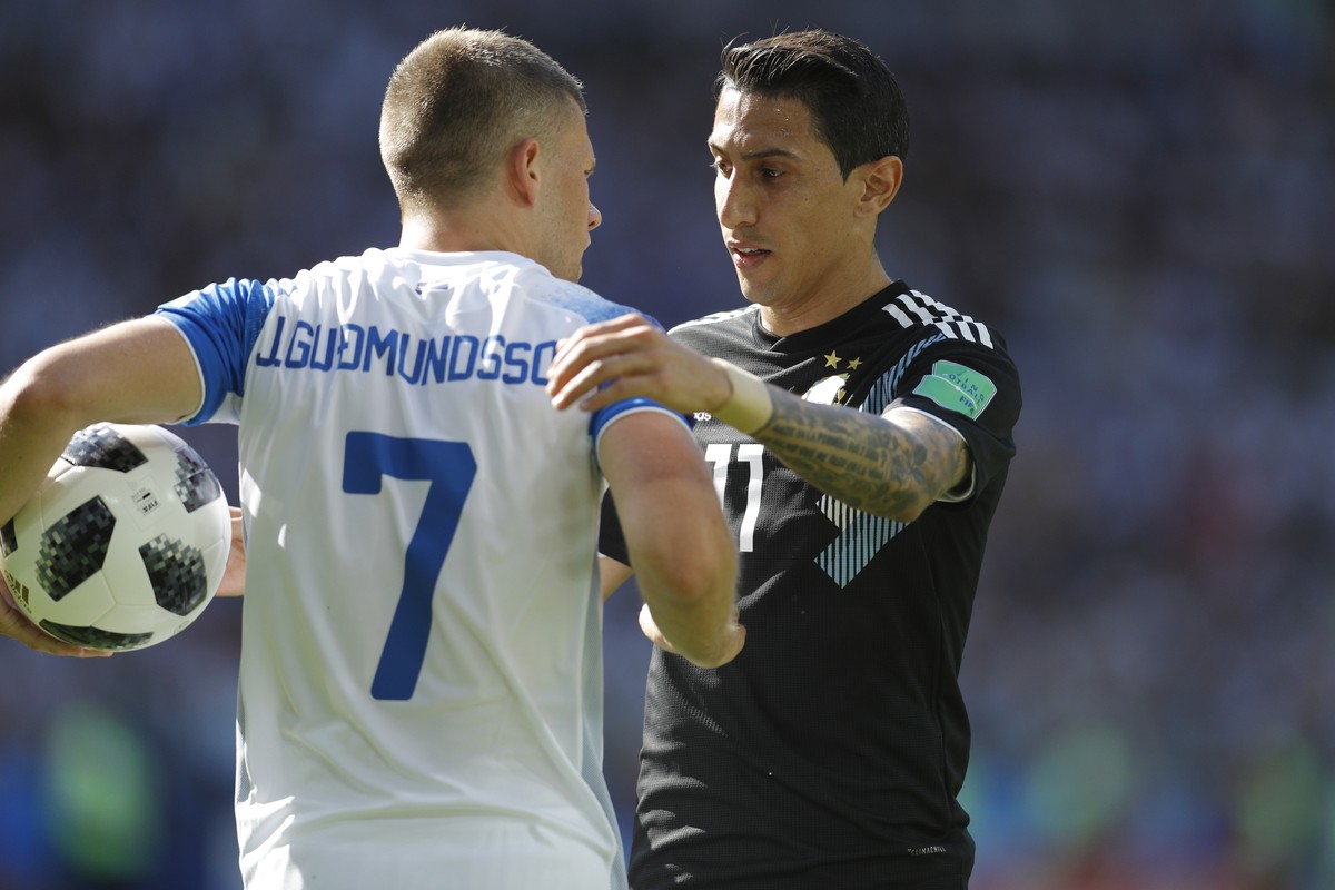 Argentina's Angel Di Maria, left, argues with Iceland's Johann Gudmundsson during the group D match between Argentina and Iceland at the 2018 soccer World Cup in the Spartak Stadium in Mosco ...