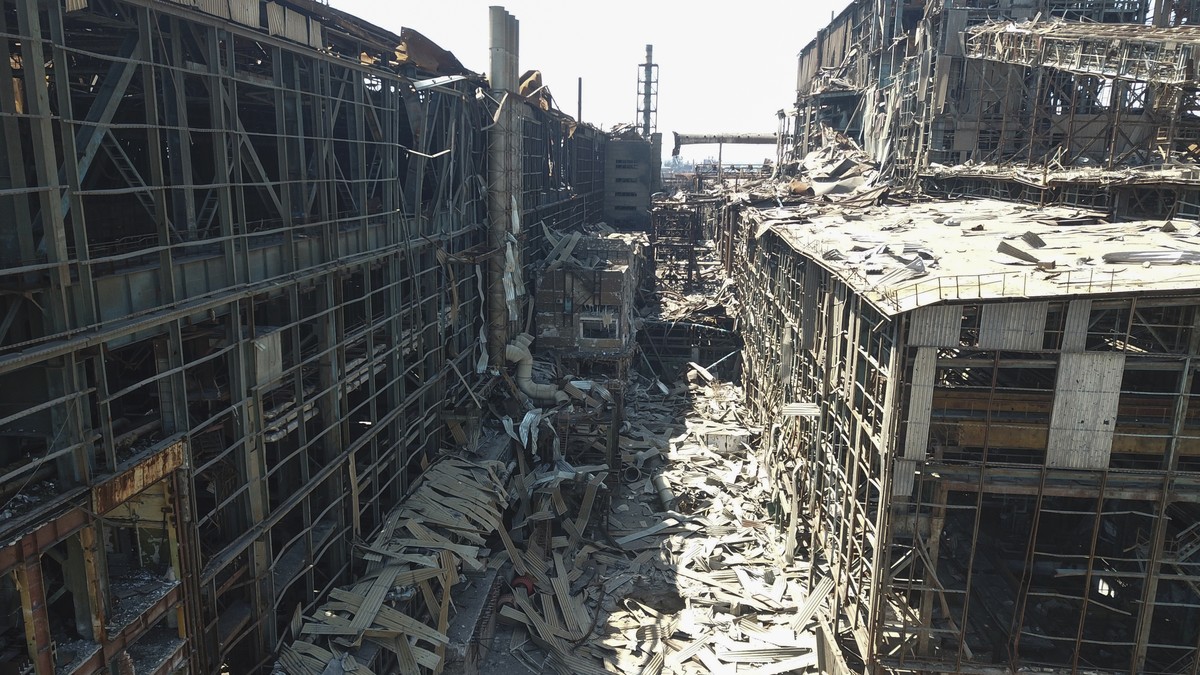 In this photo released by the Russian Defense Ministry on Monday, June 13, 2022, a view of the Metallurgical Combine Azovstal plant, in Mariupol, on the territory which is under the Government of the  ...