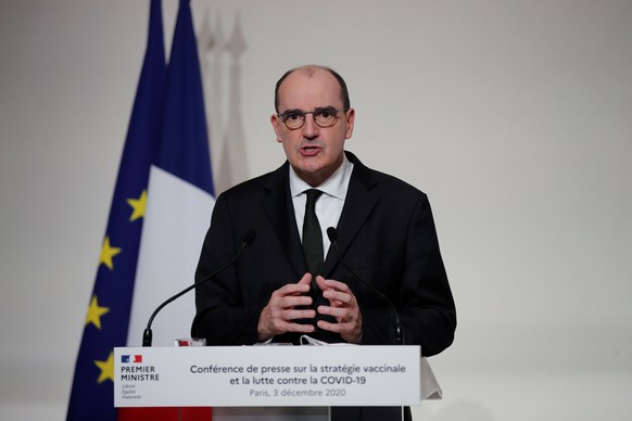 epa08859702 French Prime Minister Jean Castex speaks during a press conference to outline France&#039;s strategy for the deployment of future COVID-19 vaccines, as the coronavirus disease outbreak con ...