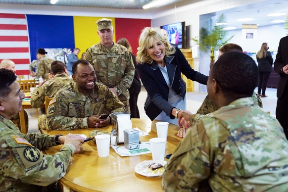 First lady Jill Biden meets U.S. troops during a visit to the Mihail Kogalniceanu Air Base in Romania, Friday, May 6, 2022. (AP Photo/Susan Walsh, Pool)
Jill Biden