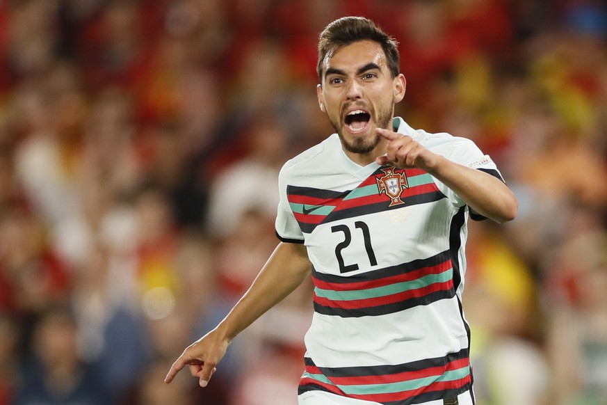 epa09992721 Portugal&#039;s Ricardo Horta reacts after scoring the 1-1 tier during the UEFA Nations League soccer match between Spain and Portugal at Benito Villamarin stadium in Seville, Andalusia, S ...