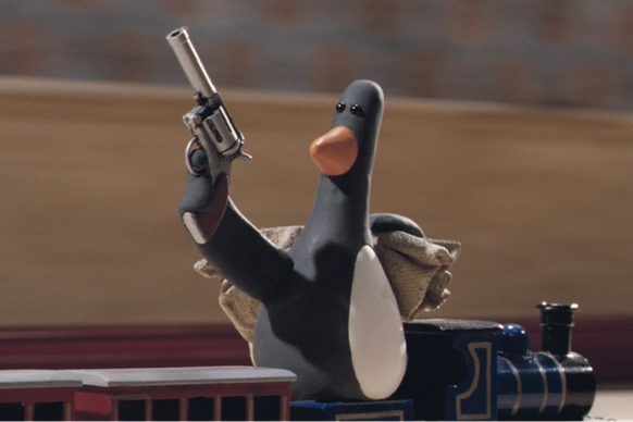 Feather McGraw in &quot;Wallace &amp; Gromit: The Wrong Trousers&quot;
https://www.youtube.com/watch?app=desktop&amp;v=PCOWE0EiCyo