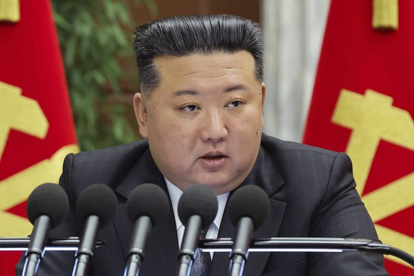 In this photo provided by the North Korean government, North Korean leader Kim Jong Un delivers a speech at a meeting held during Dec. 23 until Dec. 27, 2024, in Pyongyang, North Korea. Independent jo ...