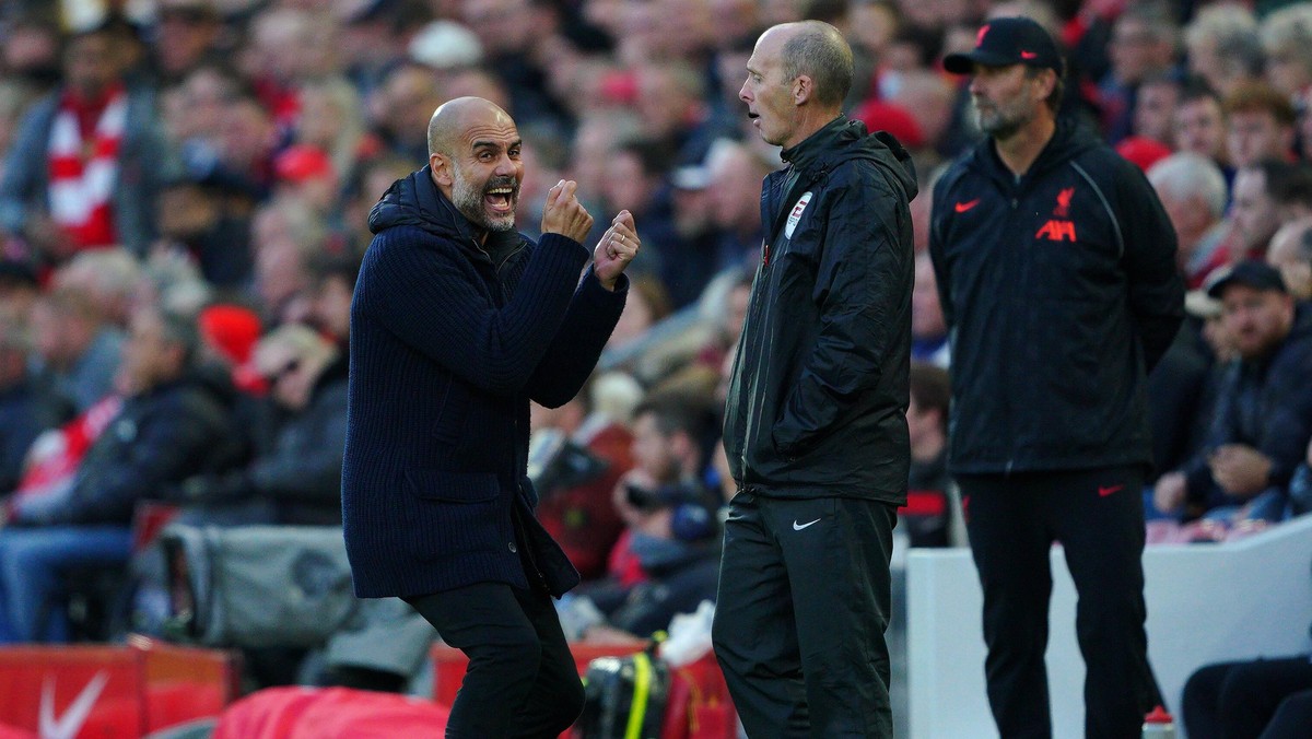 Liverpool v Manchester City - Premier League - Anfield Manchester City manager Pep Guardiola reacts on the touchline during the Premier League match at Anfield, Liverpool. Picture date: Sunday October ...