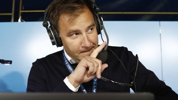 Sascha Ruefer, Swiss sports moderator for the Swiss TV SRF, looks on prior to the 2018 Fifa World Cup Russia group B qualification soccer match between Switzerland and Hungary in the St. Jakob-Park st ...