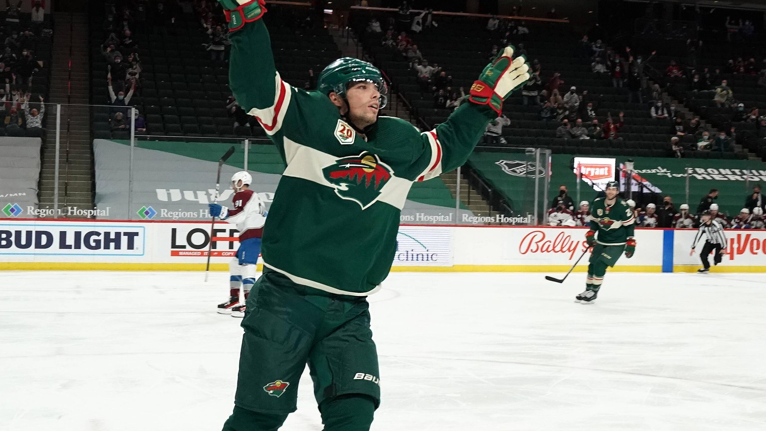 ST. PAUL, MN - APRIL 07: Minnesota Wild Right Wing Kevin Fiala 22 celebrates his 2nd goal of the night during the third period of an NHL, Eishockey Herren, USA game between the Minnesota Wild and Colo ...