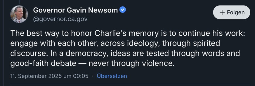 Umstrittenes Bluesky-Posting von Gavin Newsom nach der Ermordung von Charlie Kirk.