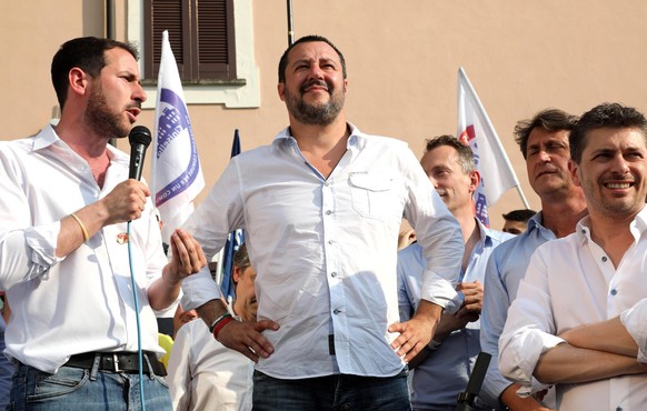 Italian Interior Minister Matteo Salvini, center, attends a local election rally in Cinisello Balsamo, near Milan, Italy, Sunday, June 17, 2018. Reports state that the &#039;Italian government will pr ...
