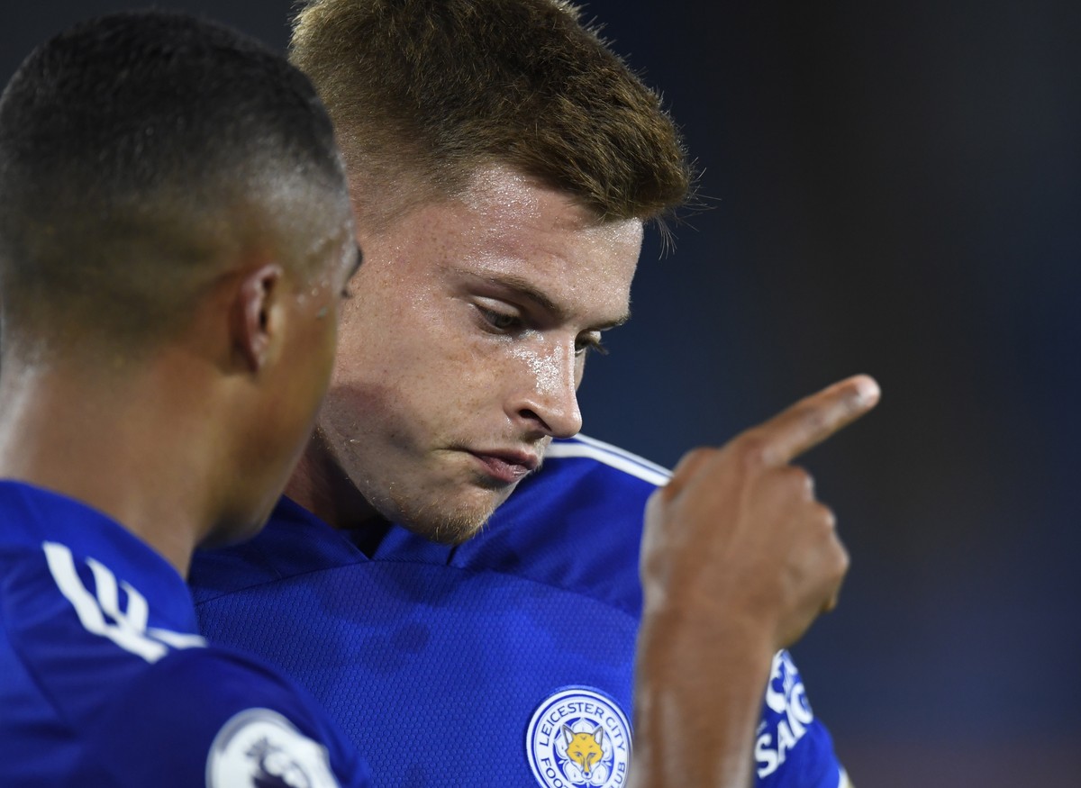 epa08684905 Leicester's Youri Tielemans (L) and Harvey Barnes (R) react during the English Premier League soccer match between Leicester City and Burnley in Leicester, Britain, 20 September 2020. ...
