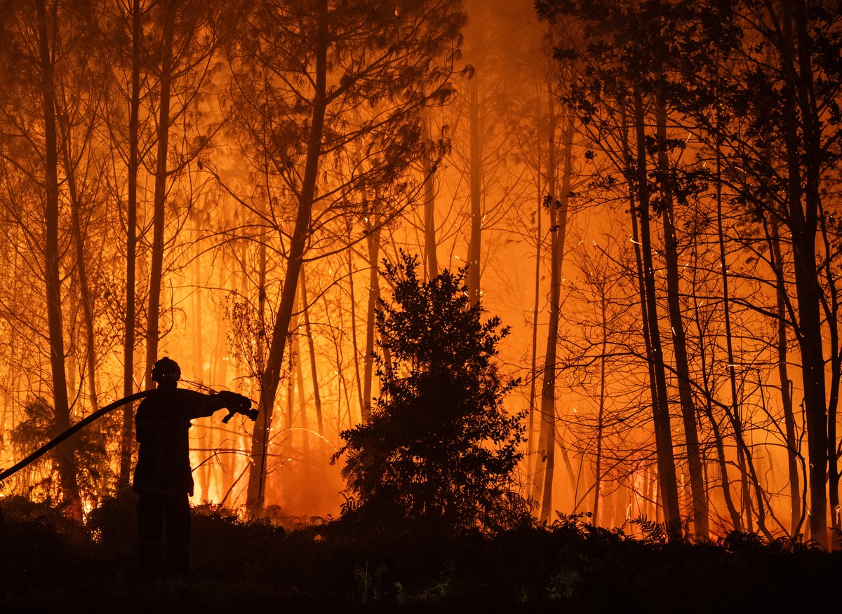 epa13133447 A handout photo made available by SDIS33 (Gironde Departmental Fire and Rescue Service) shows a firefighting crew being deployed to battle a wildfire spreading in Ares, south-western Franc ...