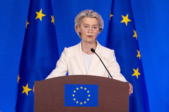 epa12258644 President of the European Commission Ursula von der Leyen speaks at a press conference at the EU Delegation to China, in Beijing, China, 24 July 2025. The conference was on their earlier m ...