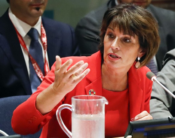 epa06895238 Switzerland&#039;s Federal Councillor Doris Leuthard, addresses a ministerial meeting of the 2018 High-level Political Forum on Sustainable Development at United Nations headquarters in Ne ...