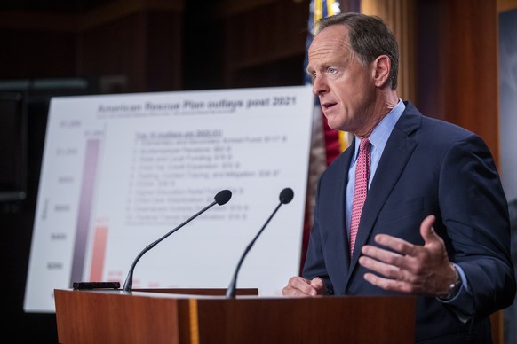 epa09231287 Republican Senator from Pennsylvania Pat Toomey responds to a question from the news media during a press conference to unveil the Republican infrastructure spending plan in the US Capitol ...