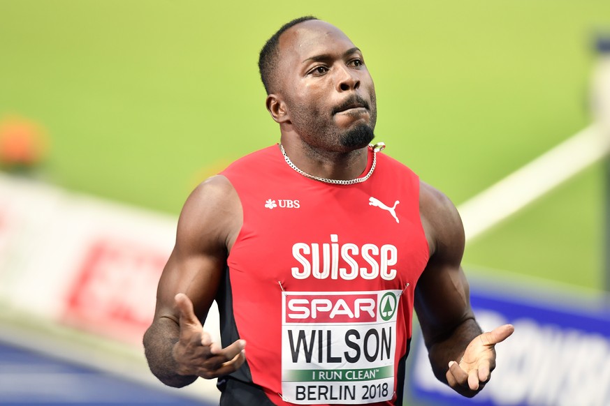 Switzerland&#039;s Alex Wilson reacts after competing in the men&#039;s 200m semi finals at the 2018 European Athletics Championships in the Olympiastadion stadium in Berlin, Germany, Wednesday, Augus ...