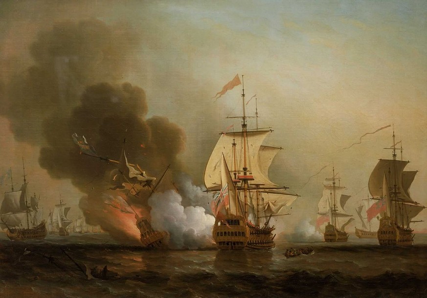 Action off Cartagena, 28 May 1708. Undatiertes Ölgemälde von Samuel Scott (1702–1772), National Maritime Museum. Dargestellt ist die Explosion der San José.
