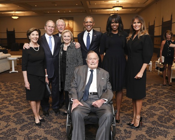 This Saturday, April 21, 2018, photo provided by the Office of former U.S. President George H.W. Bush, shows Bush, front center, and past presidents and first ladies Laura Bush, from left, George W. B ...