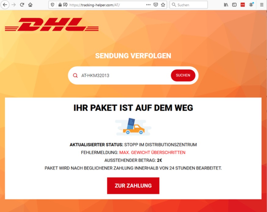 Der Betrugsversuch ist anhand der gefälschten URL in der Adresszeile leicht ersichtlich.