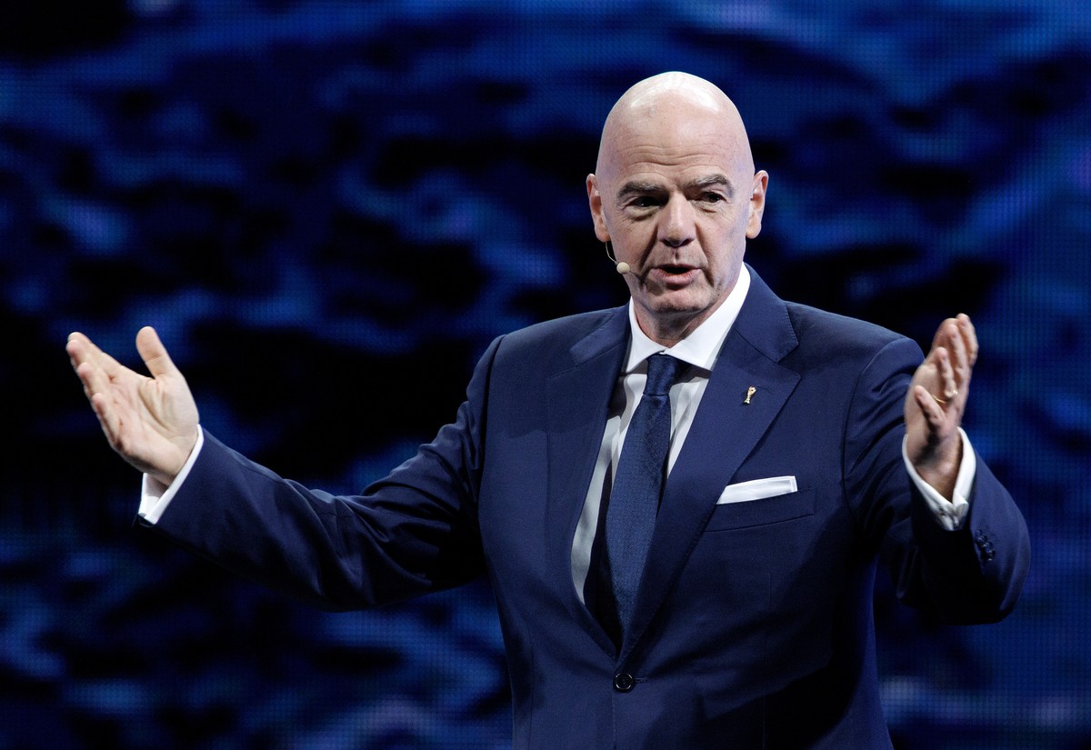 epa12506628 FIFA President Gianni Infantino speaks during the America Business Forum inaugural U.S. edition, taking place at the Kaseya Center in Miami, Florida, USA, 05 November 2025. The two-day sum ...