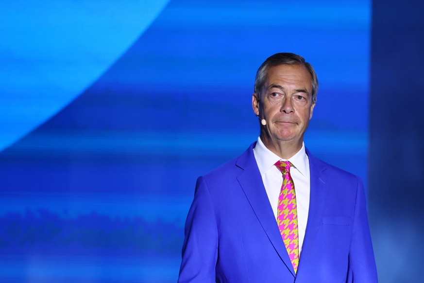 epa13211029 Reform UK leader Nigel Farage pays tribute to the late British politician Ann Widdecombe on the second day of Reform UK Annual Conference at NEC in Birmingham, Britain, 04 September 2026.  ...