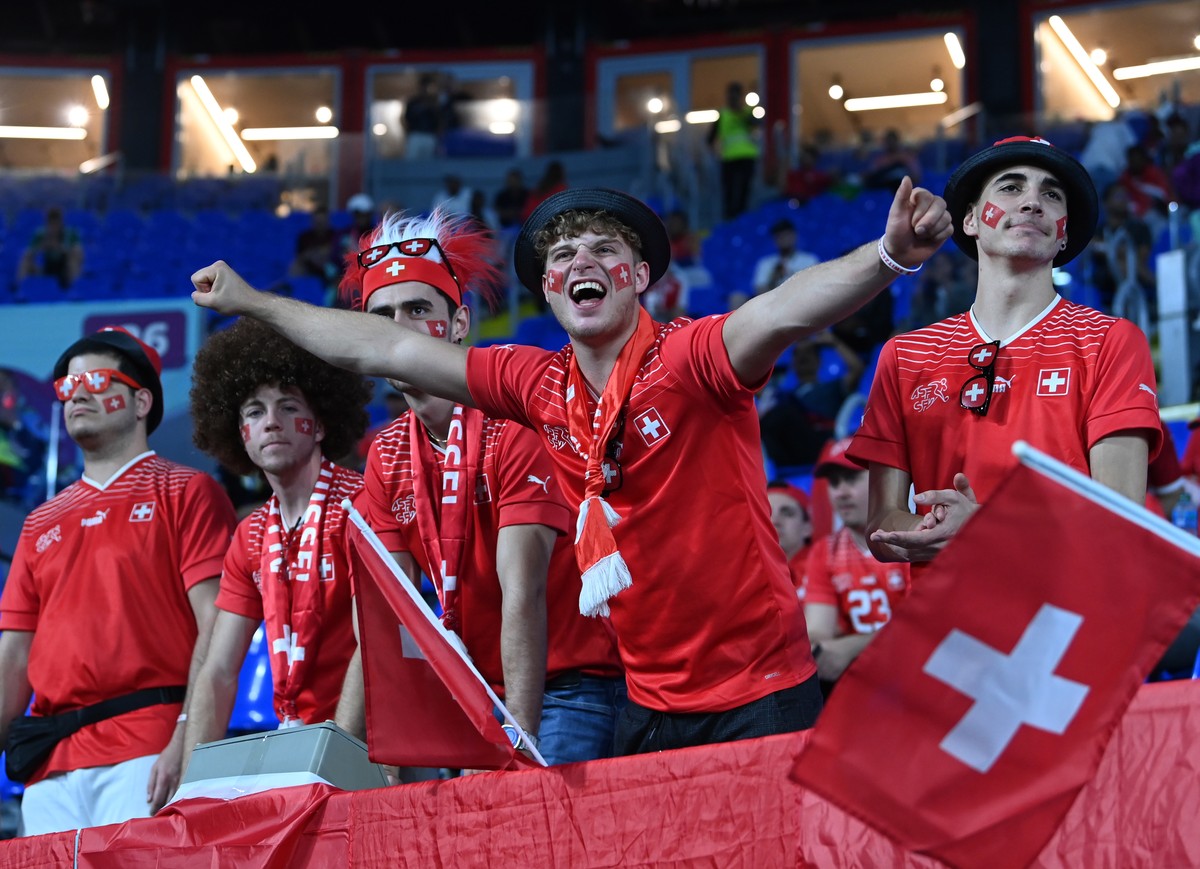 epa10344789 Fans of Switzerland during the FIFA World Cup 2022 group G soccer match between Serbia and Switzerland at Stadium 947 in Doha, Qatar, 02 December 2022. EPA/Georgi Licovski