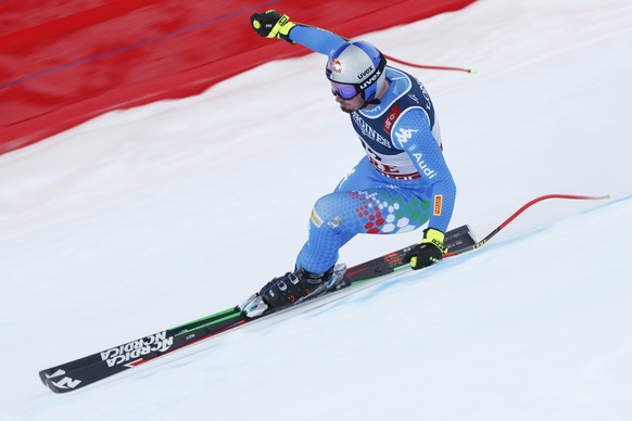 Italy&#039;s Dominik Paris speeds down the course during the downhill portion of the men&#039;s combined, at the alpine ski World Championships in Are, Sweden, Monday, Feb.11, 2019. (AP Photo/Gabriele ...