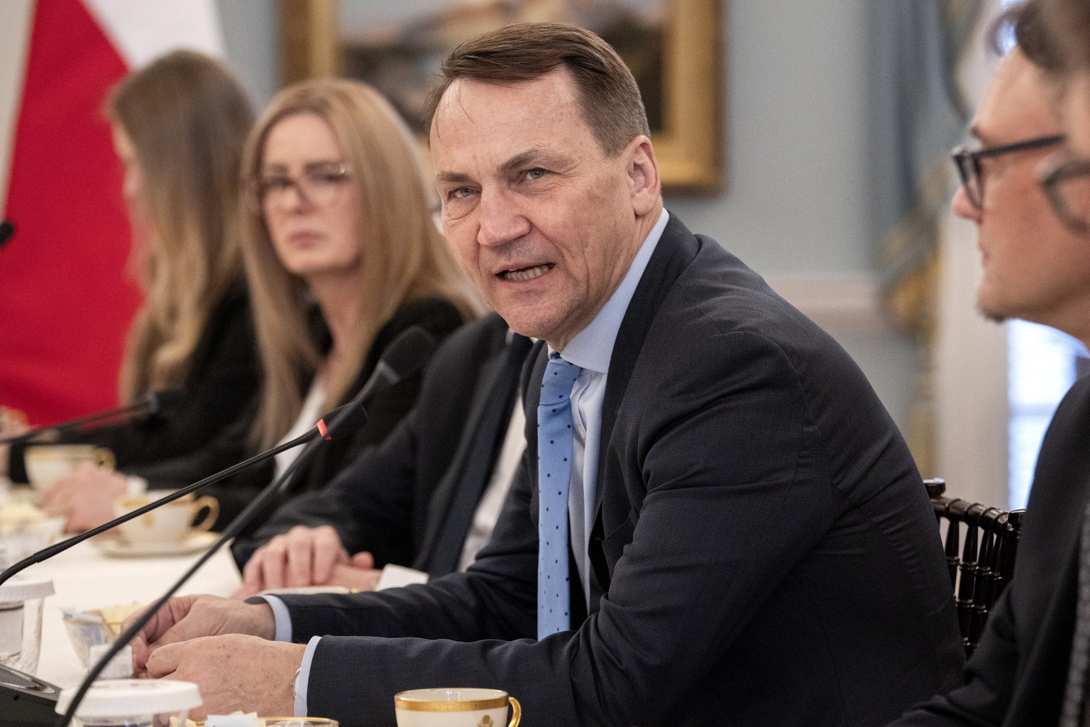 Polish Foreign Minister Radoslaw Sikorski speaks while meeting with Secretary of State Antony Blinken, not pictured, Monday, Feb. 26, 2024, at the State Department in Washington. (AP Photo/Jacquelyn M ...