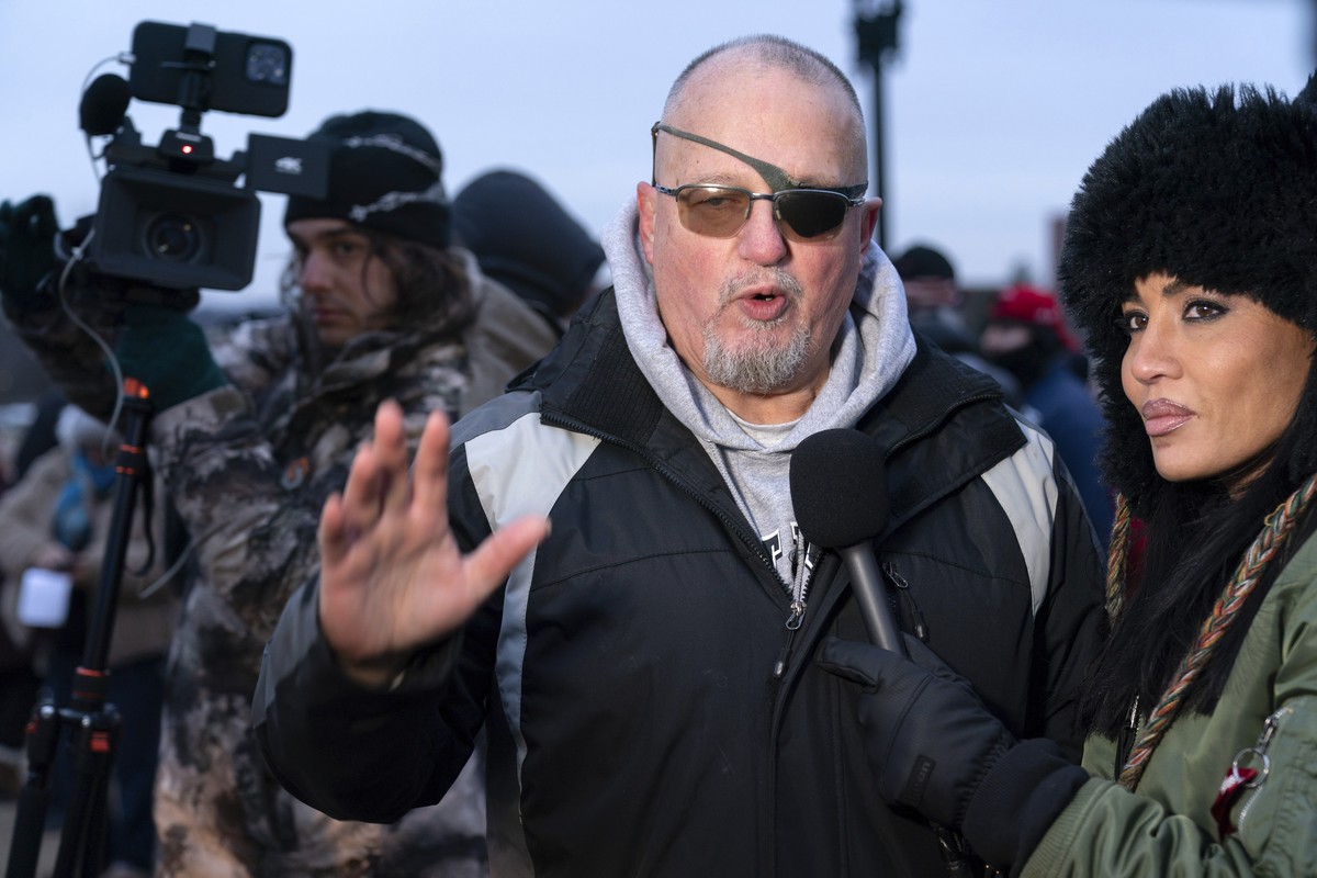President Donald Trump supporter Oath Keepers founder Stewart Rhodes convicted on charges relating to the Jan. 6 riot at the U.S. Capitol, talks to reporters outside the DC Central Detention Facility, ...
