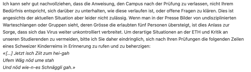 Nöd wie-n-es Schnäggli gah: Ausschnitt aus dem Brief, in dem die ETH-Direktion die Studierenden anweist, nach den Prüfungen direkt nach Hause zu gehen. Prüfungen, ETH Zürich, Brief, Corona, Covid-19,  ...